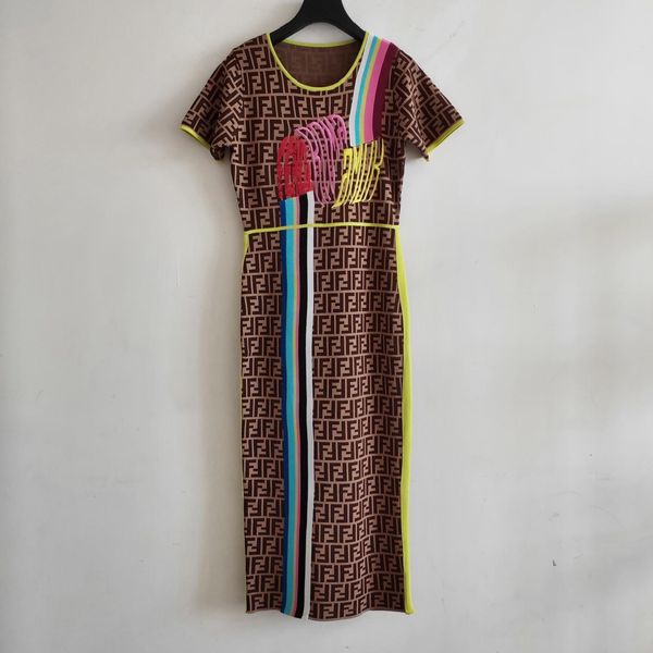 

2019 новый кофе с коротким рукавом вязание женское платье дизайнер полосатый письм