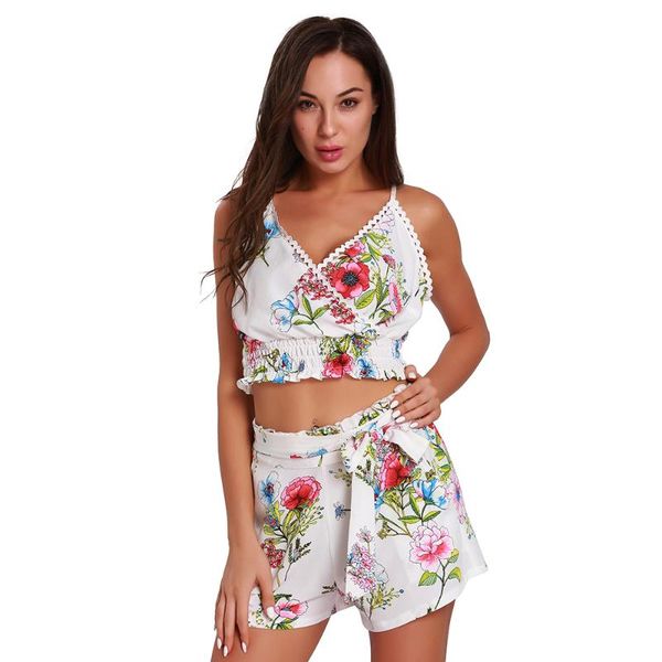 

women sets short pant two piece sets sleeveless strap tees lady floral short pants summer beach twinset, Gray