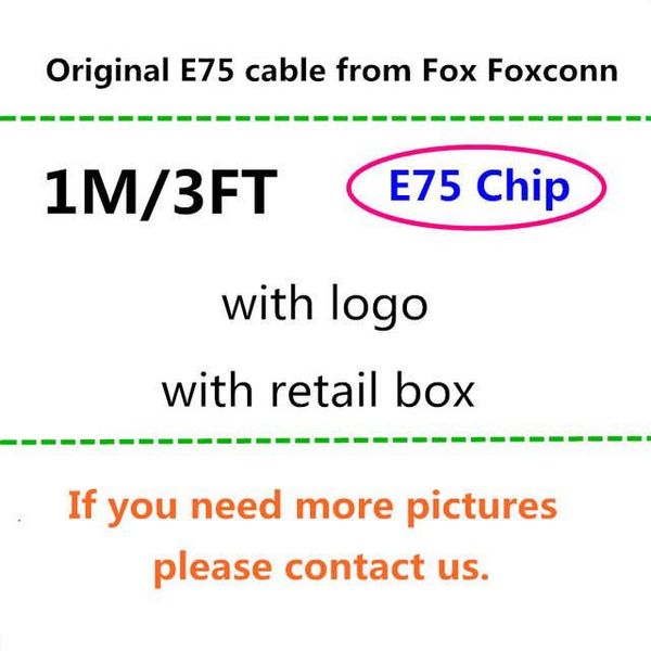 

100pc lot genuine foxconn e75 cable chip od 3 0mm 1m 3ft 2m 6ft data u b charger cable for xr x max 8 7 cable with original retail box