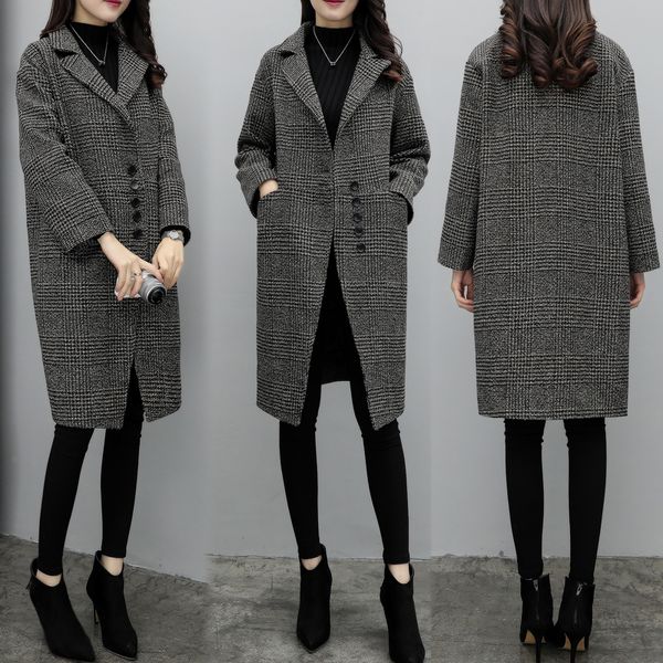 

2019 autumn new korean version women thin medium length plaid tweed woolen coat jacket winter outcoat, Black