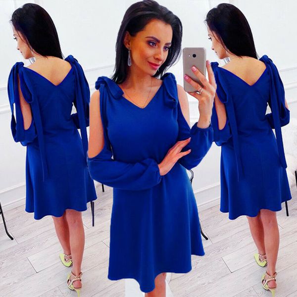 

blue dress women summer casual v-neck long sleeve cold shoulder solid loose clubwear short mini dress, Black;gray