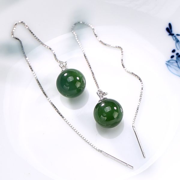 

hetian jade jasper beads earrings long ear line for women simple vintage design real 925 sterling silver with natural stone, Golden;silver