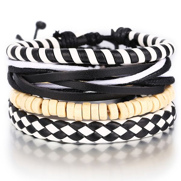 

men black white color braided leather bracelet set handmade wood beads bracelets charms punk rope wristband pulseira jewelry