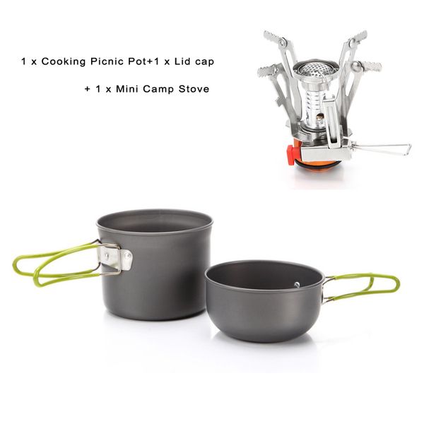 

outdoor camping hiking tablewares picnic cookware cooking tool set pot pan + piezo ignition canister stove travel cookware