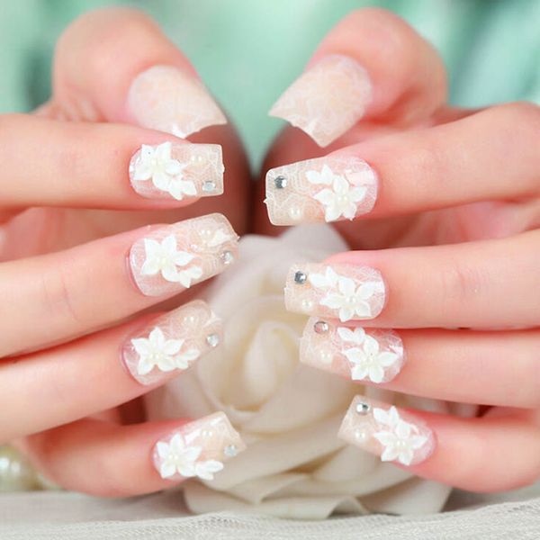 

2019 новые 24pcs мода длинные накладные ногти советы овальный красный gradient японский белый вишневый стиль цветок украшенный для моды дево, Red;gold