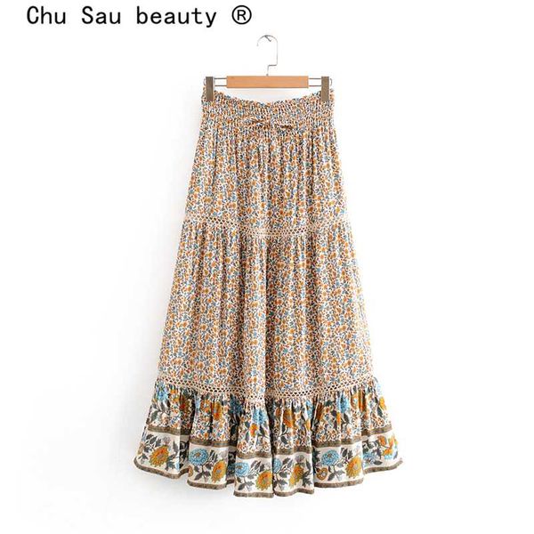 

chu sau beauty new fashion boho chic floral print long skirt women holiday style hollow out elastic waist beach skirts female, Black