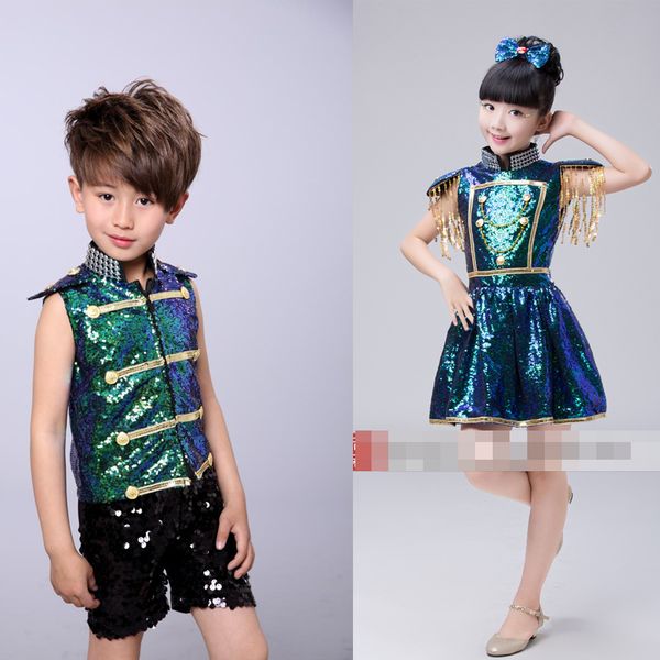 

girls boys ballroom sequined dance clothes kids party jazz hip hop modern dancewear set child dancing costume outfits skirt, Black;red