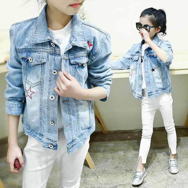 

new 2019 star printed girl clothes spring autumn elastic jeans children casual clothing kids girls denim cardigan jackets, Blue;gray