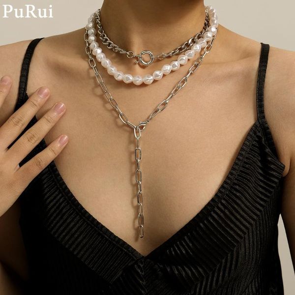

purui boho imitation pearl choker necklace vintage layered pearl chian tassel pedant necklace for homen fashion jewelry charm, Golden;silver