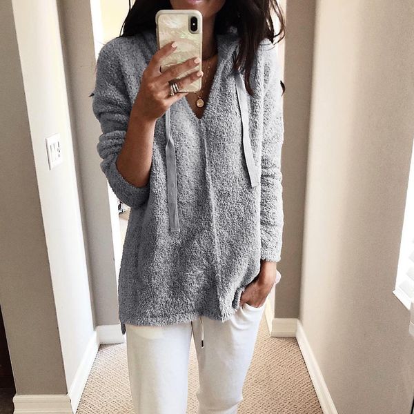 

beforw 2018 женщин зима с длинным рукавом плюшевые толстовки толстовка пальто женский шнурок свободные теплые мягкие черные толстовки пиджак, Black