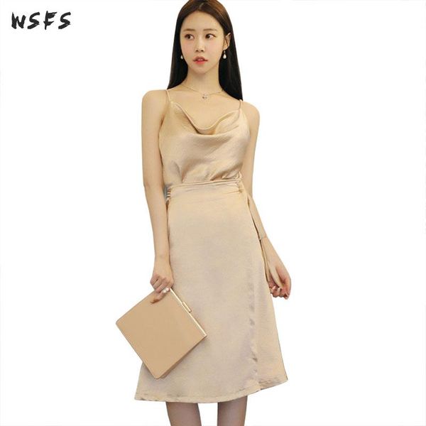 

2 piece set summer black spaghetti strap midi dresses womens dress 2019 khaki belt skirt ladies long party elegant shirts, White