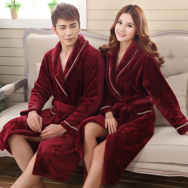 

winter thick warm female coral fleece kimono robe lovers couple nightgown bath gown sleepwear men large nightwear  l xl xxl 3xl, Black;red