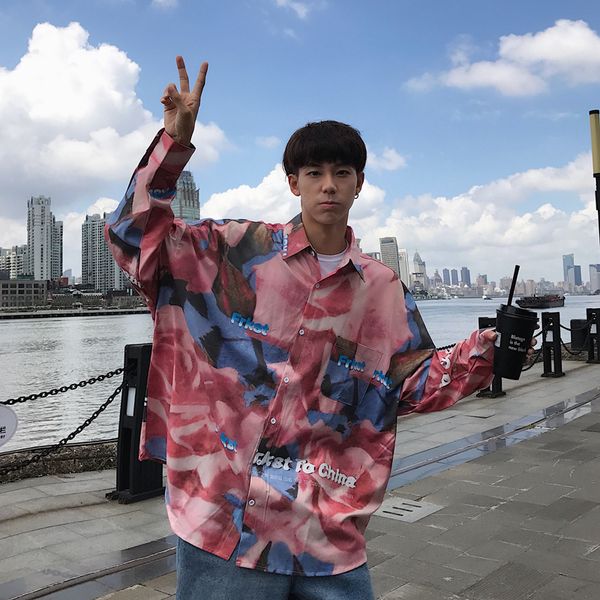 

2019 spring and autumn trend printing hip hop street loose dress long sleeve lovers hawaiian floral shirt cotton ing, White;black