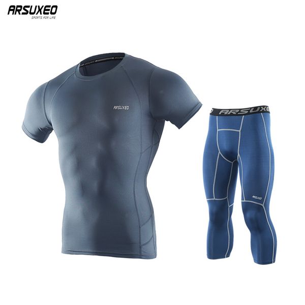 

arsuxeo men's compression running sets sports suits tights short sleeve gym quick dry soccer training tracksuits jersey c52+k75, Black;blue