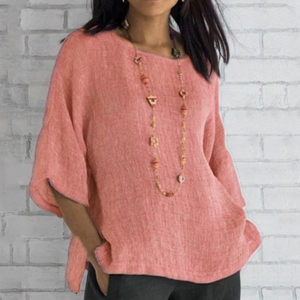 

new fashion women three quarter sleeve blouse elegant ladies o-neck female casual loose solid color shirt for women, White