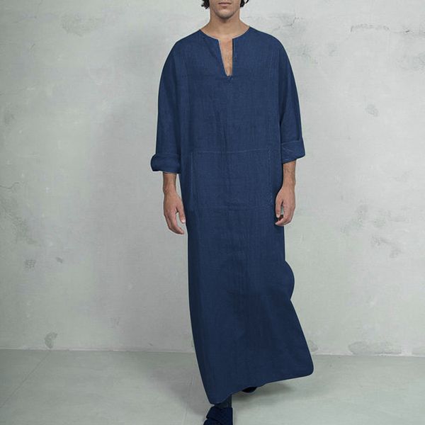 

mjartoria men's casual comfortable cotton v-neck long sleeve side split vintage robes new muslim islamic arab kaftan soft robes, Black;brown