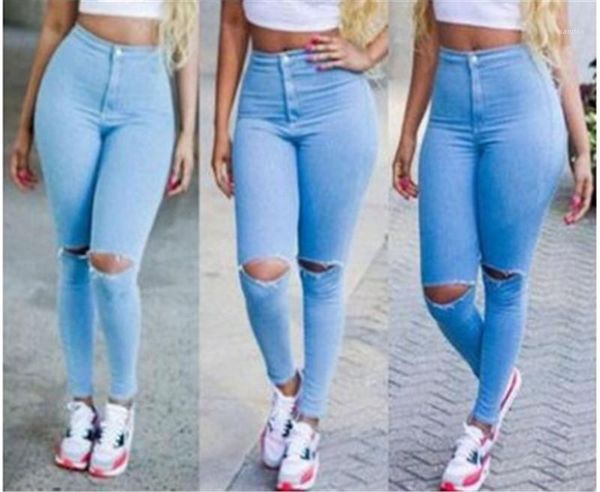 

hole jean long pencil pants girls high waist fashion trousers womens button zipper fly jeans spring slim, Blue