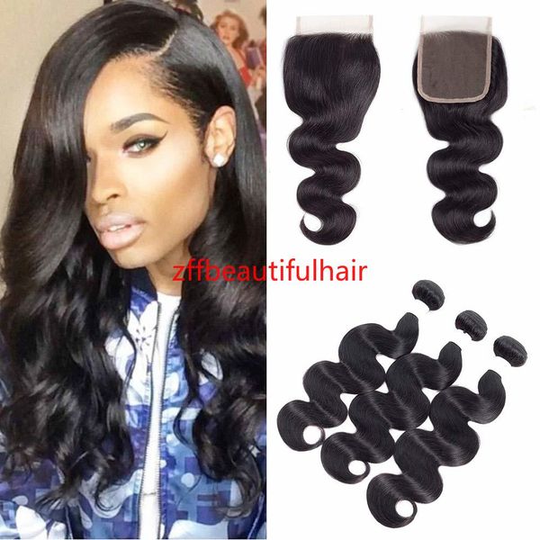 

mulsanne brazilian virgin hair body wave bundles with closure 100% human hair bundles with lace closure 8a grade hair weave natural color, Black