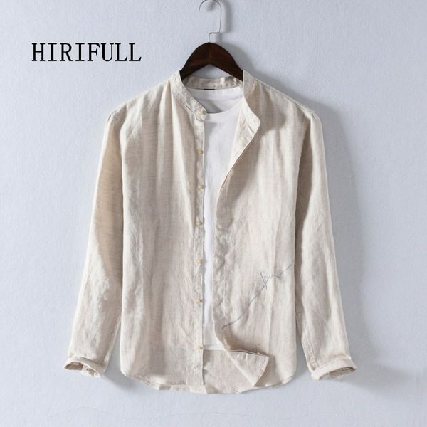 

hirifull 2019 new style autumn winter shirts men 100% all linen long sleeve stand collar embroidery mens shirt, White;black