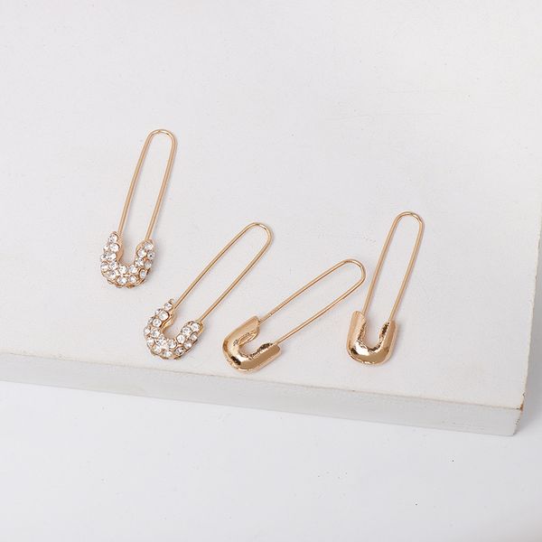 

unique design imitation pearl cz paperclip safety pin stud earring for women girls gold punk body piercing earrings accessories, Golden;silver