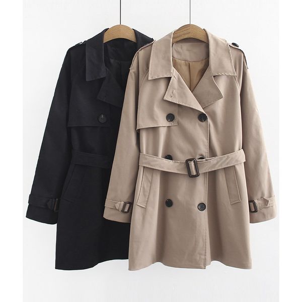

fall double breasted mid-long trench button women coat turn down collar belt trench coat khaki cloak plus size windbreaker, Tan;black