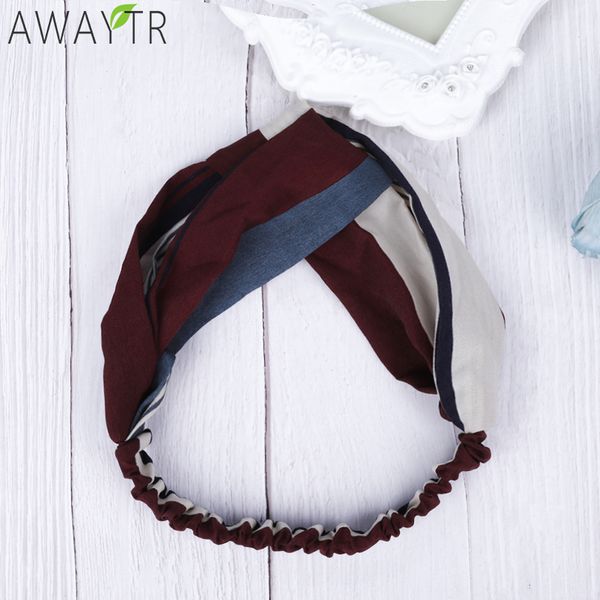 

awaytr women's striped stitching solid hair band girls cotton fashion headwear elastic cross headbands of women hair accessories