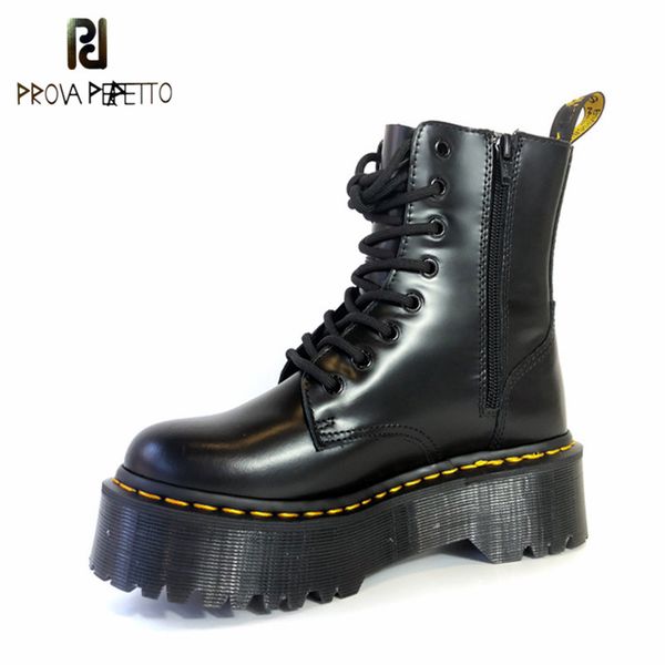 

prova perfetto 2019 fashion warm winter ankle boots microfiber flatform boots women militares riding leather mujer, Black