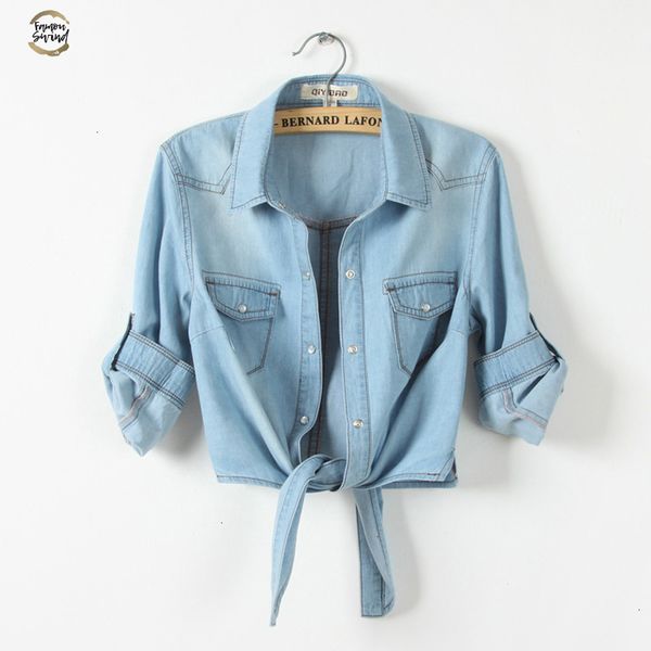 

girls slim new summer women casual cropped sleeves shirt female denim shirts women's fashion short blouse xz120, White