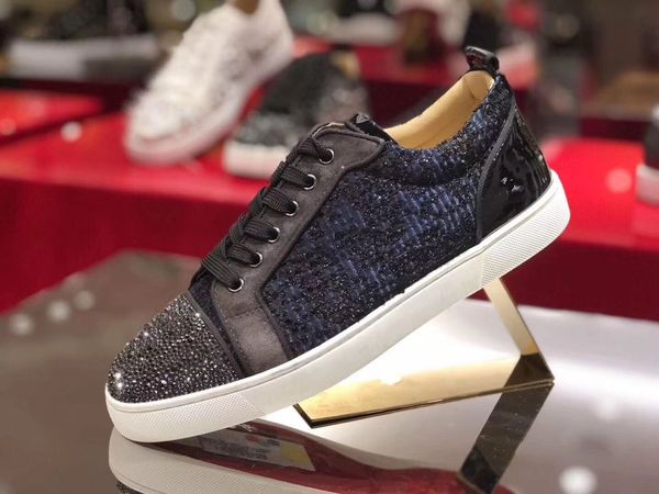 

с [с коробкой] модные роскошные красные нижние кроссовки обувь мужская решетка горный хрусталь низкая помощь шипы носок летняя пара красная, Black