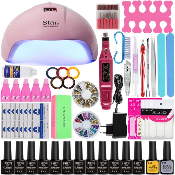 

nail set 36w uv led lamp dryer 12/6 pcs nail gel polish kit soak off manicure tools set gel polish kit for art tools