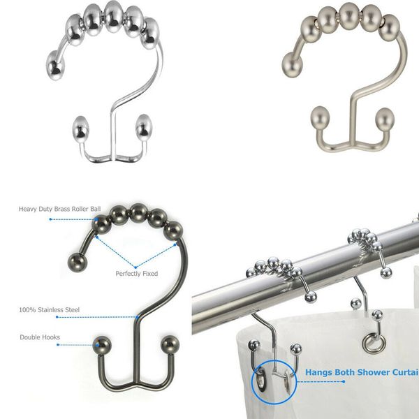 2019 Shower Curtain Ring Double Hooks Set Glide Stainless Steel
