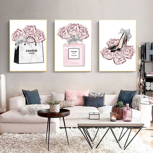 

мода париж wall art pink rose духи плакат lady высокие каблуки печать картины макияж art wall pictures for living room decor