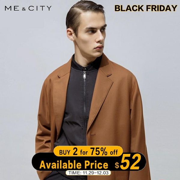 

me&city men's casual long trench for men solid color fashion trench men overcoat simple business casual jackets men's, Tan;black