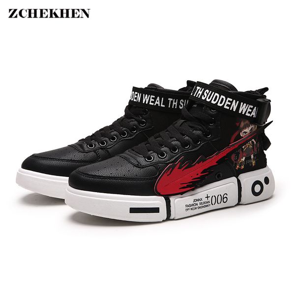

men's vulcanized shoes slip-on high sneakers lace-up casual shoes men canvas for men sneakers leather tenis masculino, Black
