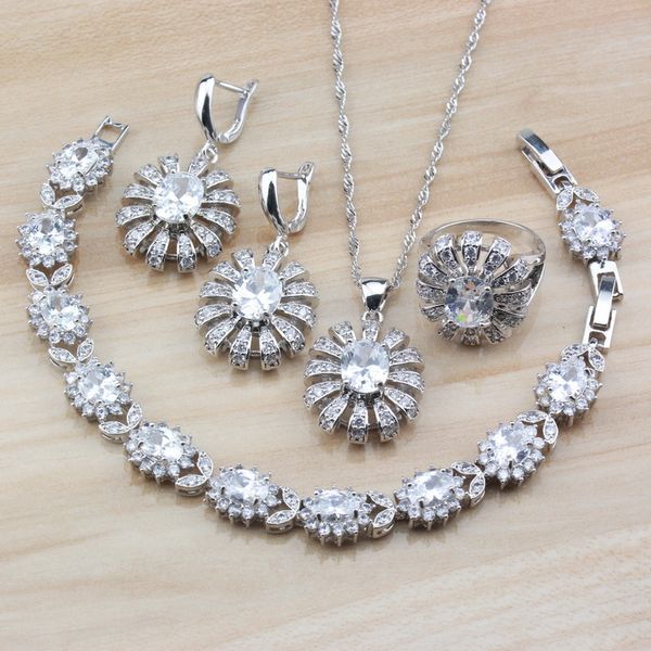 

charming women wedding costume three-dimensional flower big jewelry sets 925 silver white crystal necklace and earrings sets, Slivery;golden