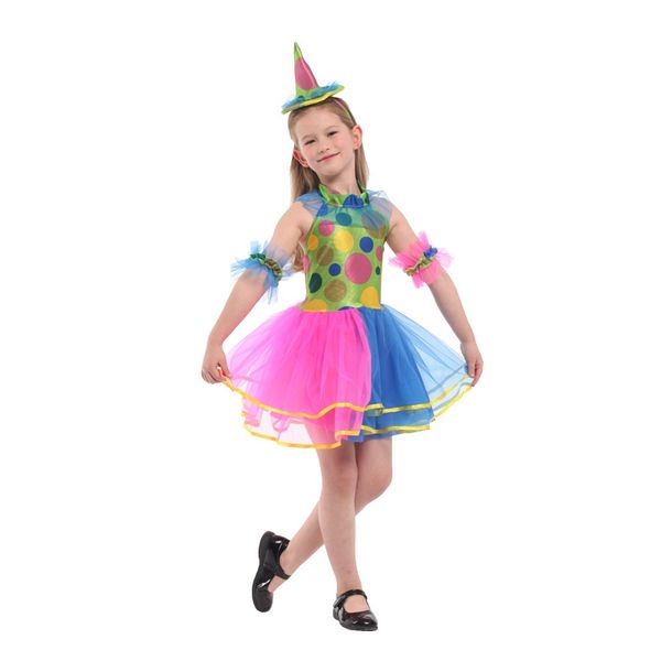 

kids child girls cute rainbow clown tutu dress costume halloween purim carnival party masquerade mardi gras outfit, Black;red
