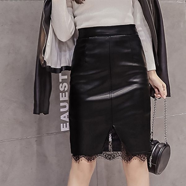 

women pu leather skirt floral lace splicing high waist zipper split knee length midi skirt elegant party wear black skirts women