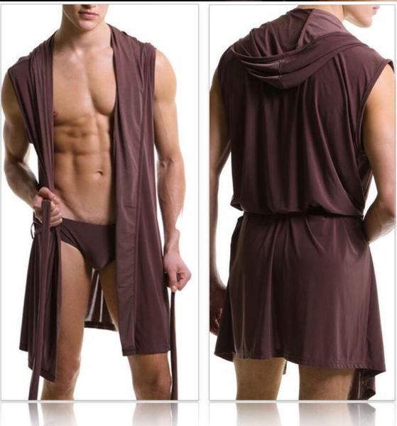 

wholesale-men's robes comfortable casual bathrobes sleeveless viscose hooded robe homewear mens sleepwear lounge clothes 1 pecs, Black;brown