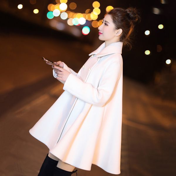 

wool coat for women winter double breasted korean style cloak long skirt woolen coat casual loose thick warm blends overcoat, Black