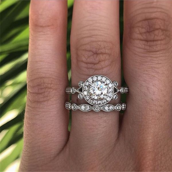

modyle 2019 new silver color wedding ring set for woman white cz stone ring dropshipping, Slivery;golden