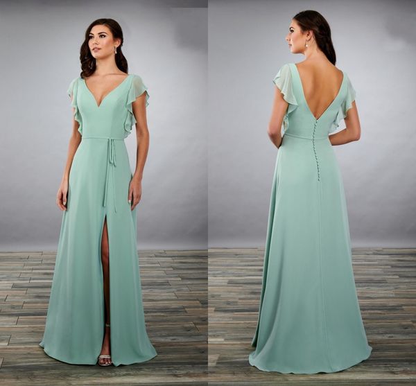 2020 Sábio Coxa Alta Split V-Pescoço Vestidos de Promoção Vestidos de Noite Prom Sage Cor Drapeado Mangas Backless Vestido Formal Meninas Própria