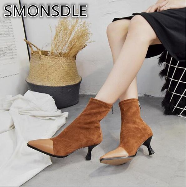 

smonsdle 2018 spring and autumn new european and american fashion pointed stitching zipper stretch boots female a44, Black