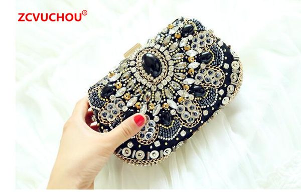 

2019 brand women handbags black crystal evening purse metal clutches silver beaded bridal wedding box clutch bags bolsos mujer