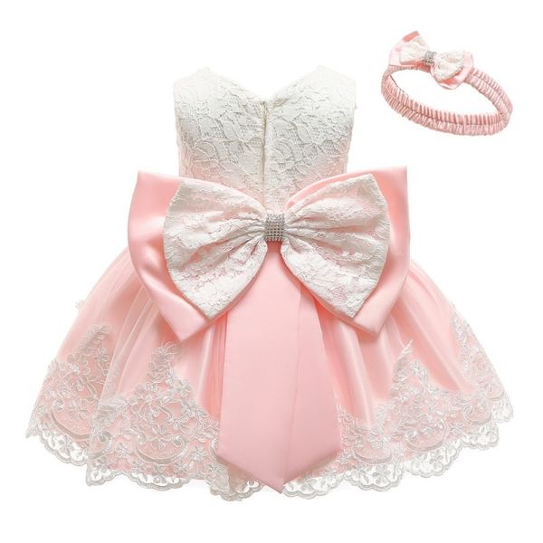 

2019 summer infant baby girl dress lace big bow pink baptism dresses for girls 1st year birthday party wedding baby clothing mx190719, Red;yellow