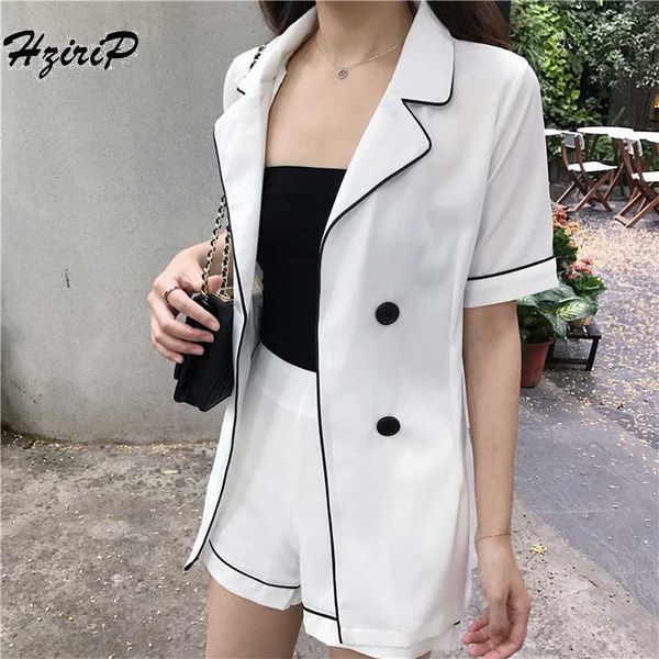 

hzirip лета женщин офис женский белый костюм короткие штаны blazer двубортный jackettrouser работы lady formale 2 piece set, White;black