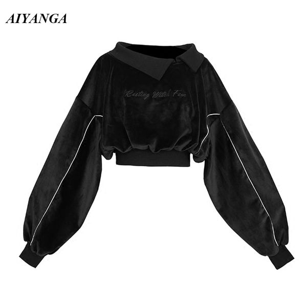 

черный бархат толстовка женщины осень зима толстовка женская короткий стиль вышивка письмо высокой талия фуфайка сыпучий tops, Black