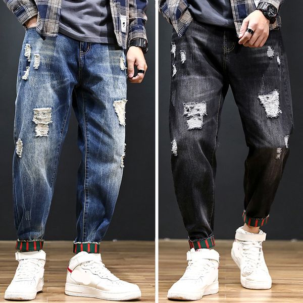

men's jeans plus size men skinny harem pants tide brand hole beam loose washed male denim, Blue