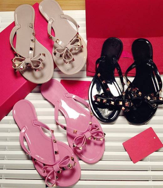 

new summer women flip flops slippers flat sandals bow rivet fashion pvc crystal beach shoes size35-41, Black