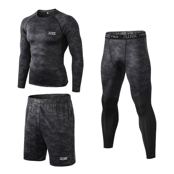 

audoc men's long sleeve compression t shirts 3 pcs set base layer cool dry workout leggings tights pants loose running shorts, Gray