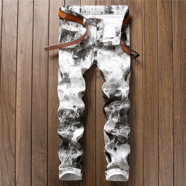 

korea style mens straight leg printing jeans fashion designer slim fit casual denim pants hip hop trousers 668, Blue